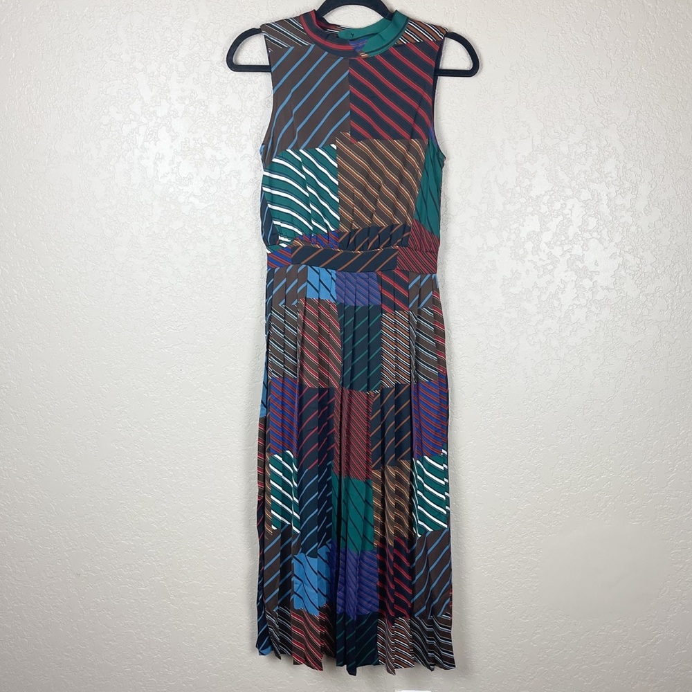 Mo:vint striped pleated midi length dress